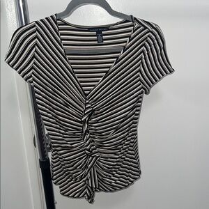 Banana Republic Black, White, Tan Striped Ruched Blouse